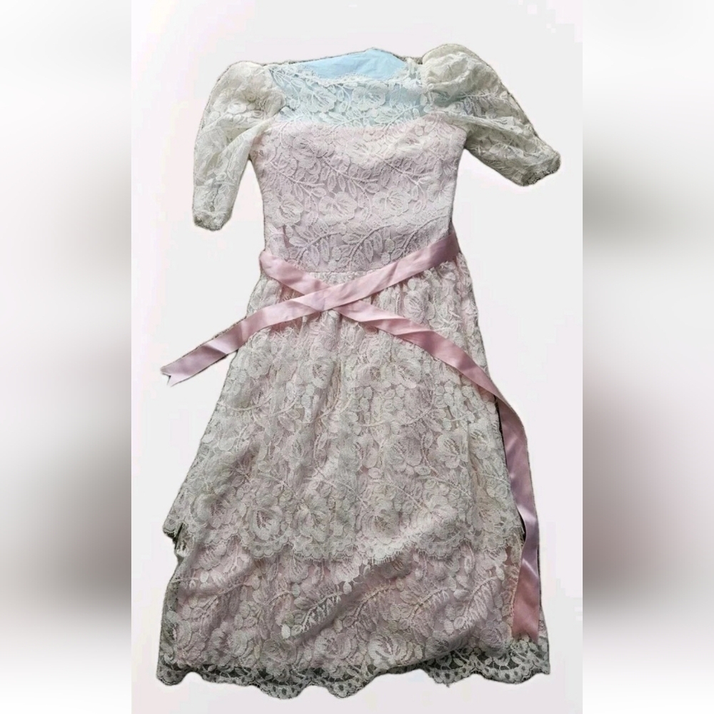 Handmade Vintage Taffeta Lace Wedding Party Dress with Pink Ribbon Size Medium